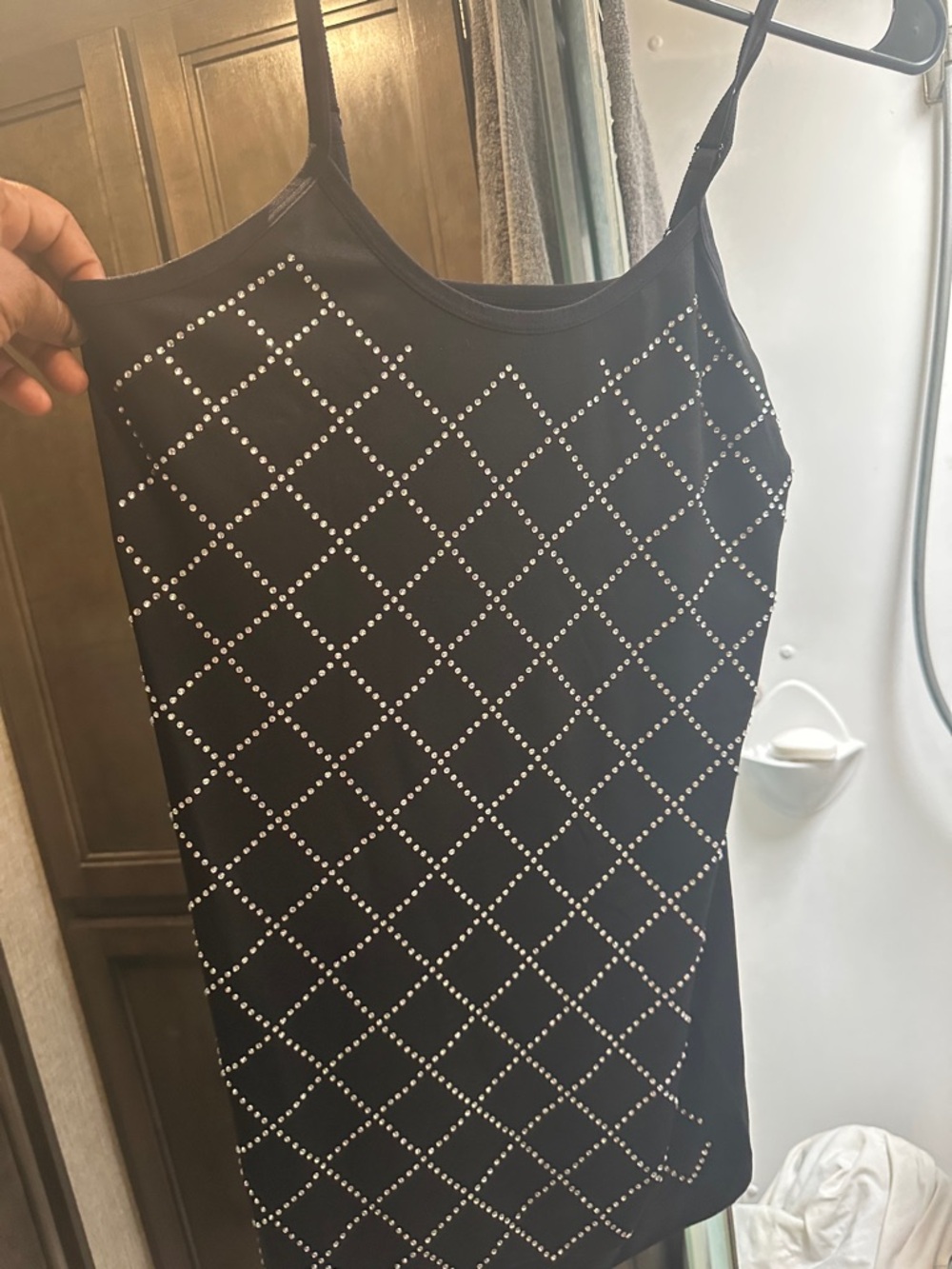 Black Studded Slip Dress with Diamond Grid